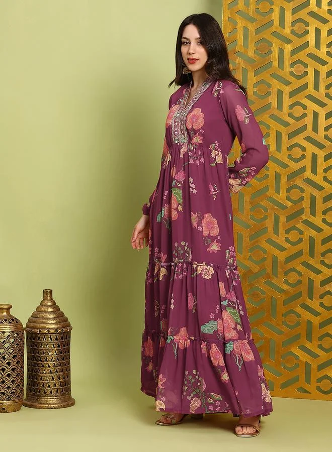 جلو باص فستان ماكسي نسائي بأكمام أسقف مطرزة باللون البنفسجي